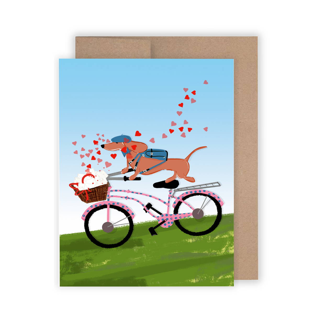 Gilmore and Friends drawing of a red dachshund on a pink bike with blue polkadots delivering a basket filled with love letters